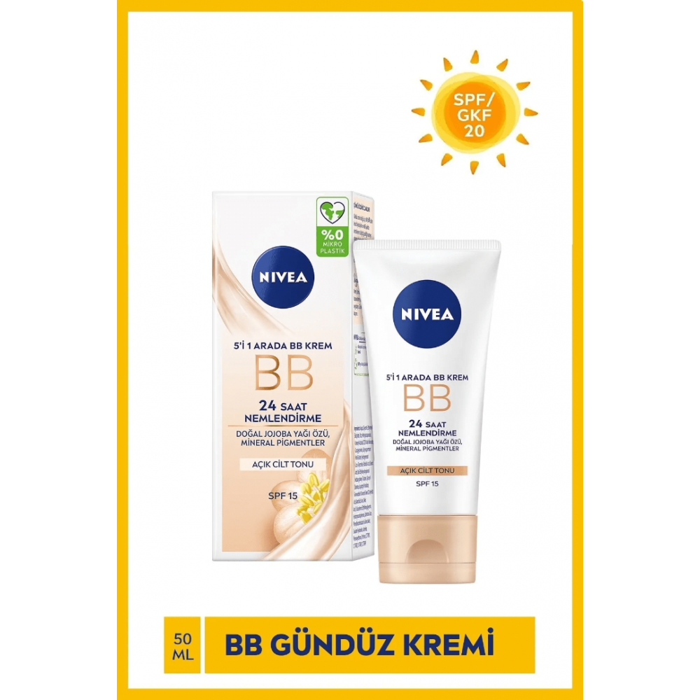 NIVEA Essentials BB Krem,24 Saat Nemlendirme + Işıltı Açık Ton Gündüz Yüz Bakım Kremi 50 ml