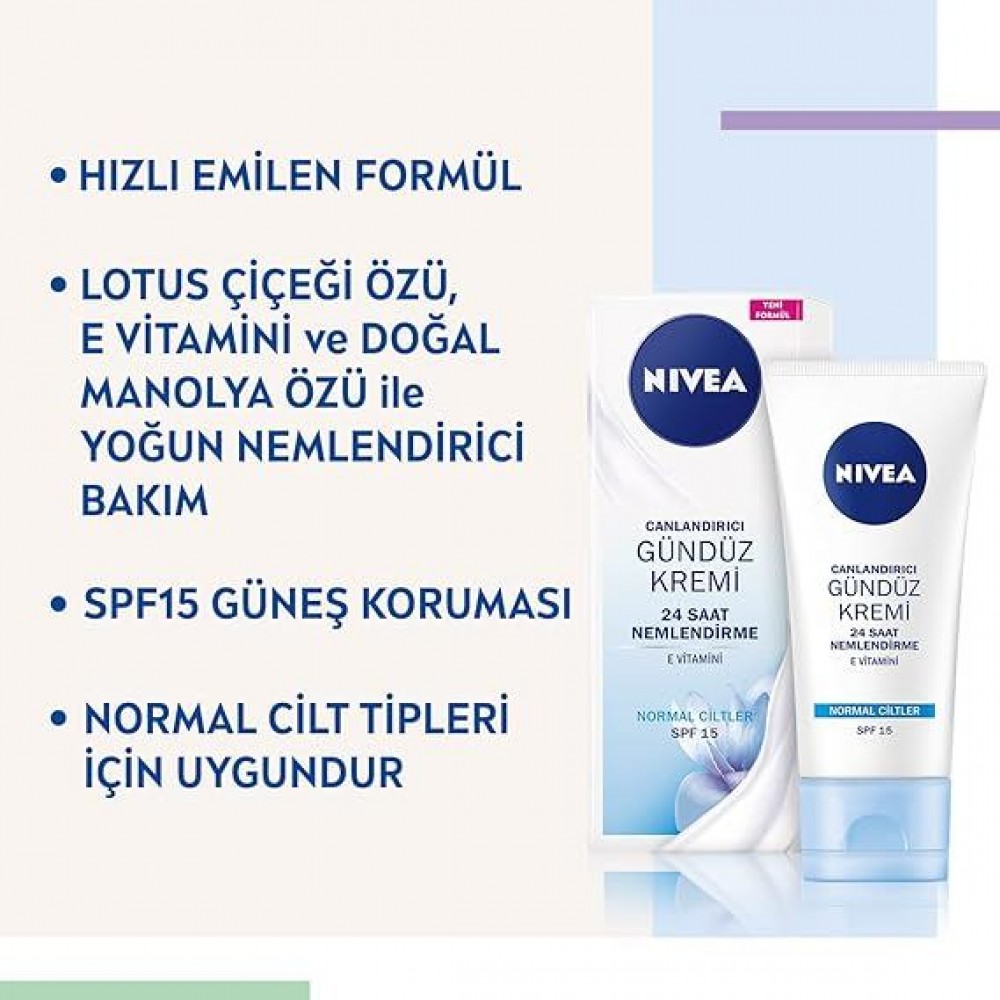 NIVEA Canlandırıcı Gündüz Yüz Bakım Kremi 50ml, SPF15, 24 Saat Nemlendirici, Normal Cilt, E Vitamini